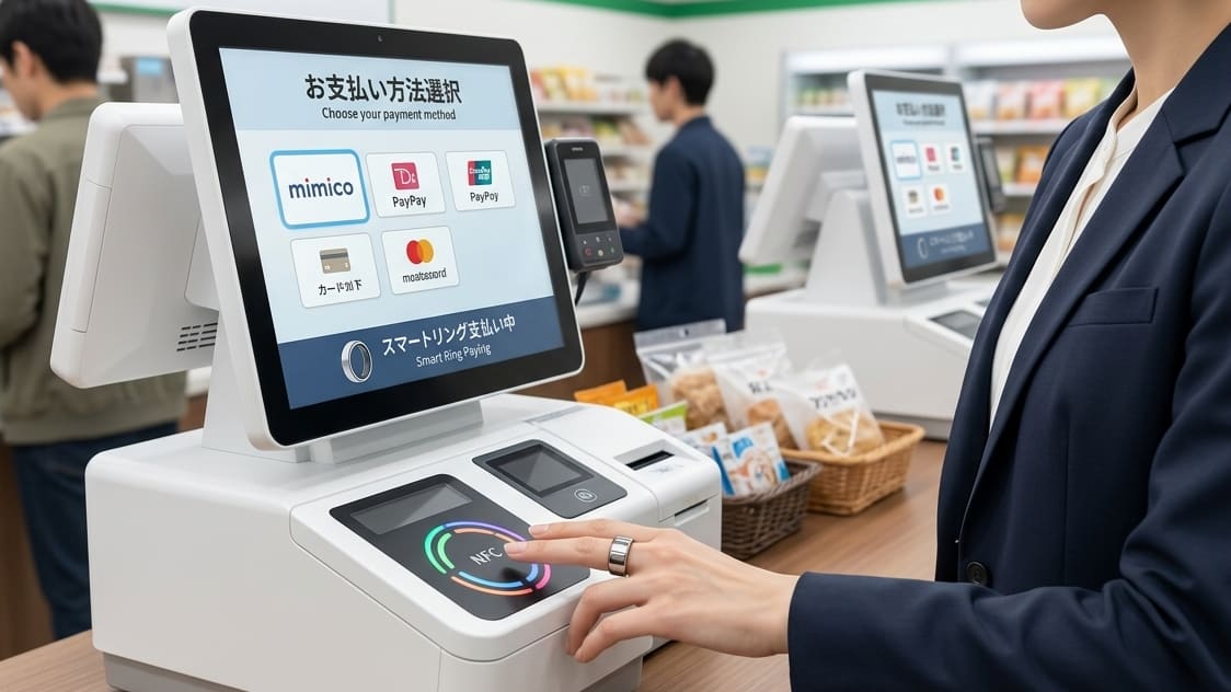 コンビニのセルフレジでEVERINGをかざして決済する手元