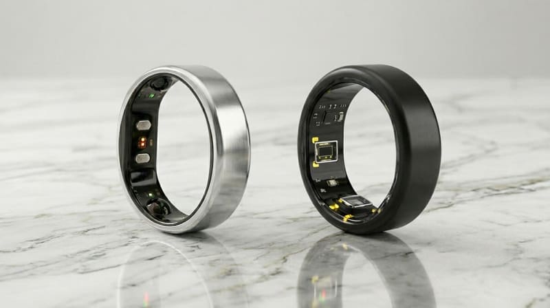 シルバーと黒、2つのスマートリングの内側に並んだセンサー