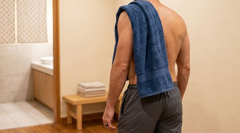 湯上がりに肩へタオルをかけた男性。指にスマートリングをつけたまま、くつろいだ雰囲気