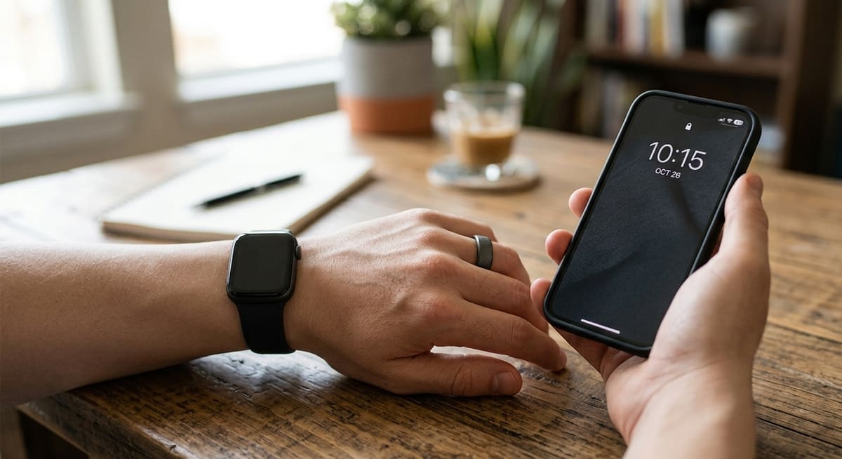 手首にGPSウォッチ、指にスマートリングをつけた手元。もう片方の手でスマホを操作している