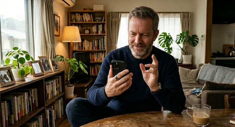 スマートリングを指につけスマホを見ながら考え込む男性