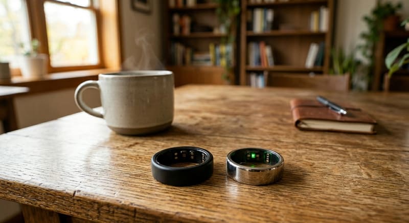 木製テーブルに置かれた2つのスマートリングとコーヒーカップ