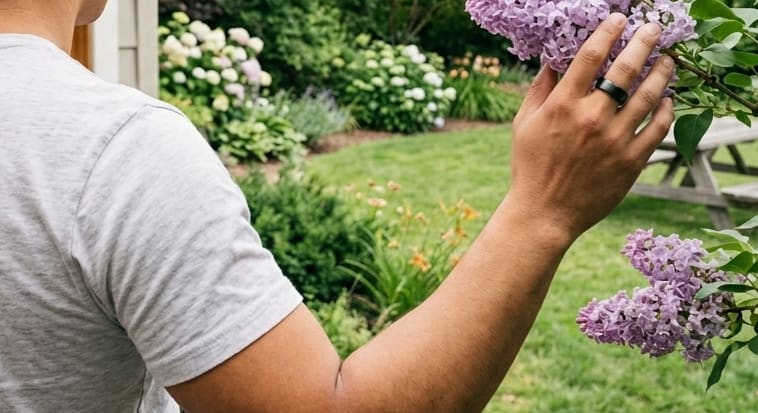 スマートリングをつけて庭の花に手を伸ばす日常の一コマ