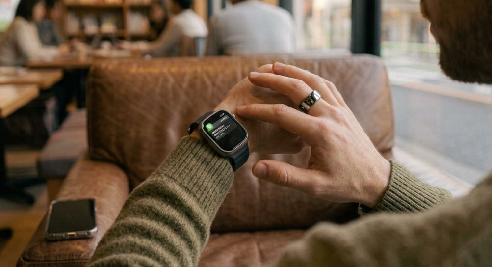手首のスマートウォッチで通知を確認する手元。指にはスマートリング、テーブルにはスマホ