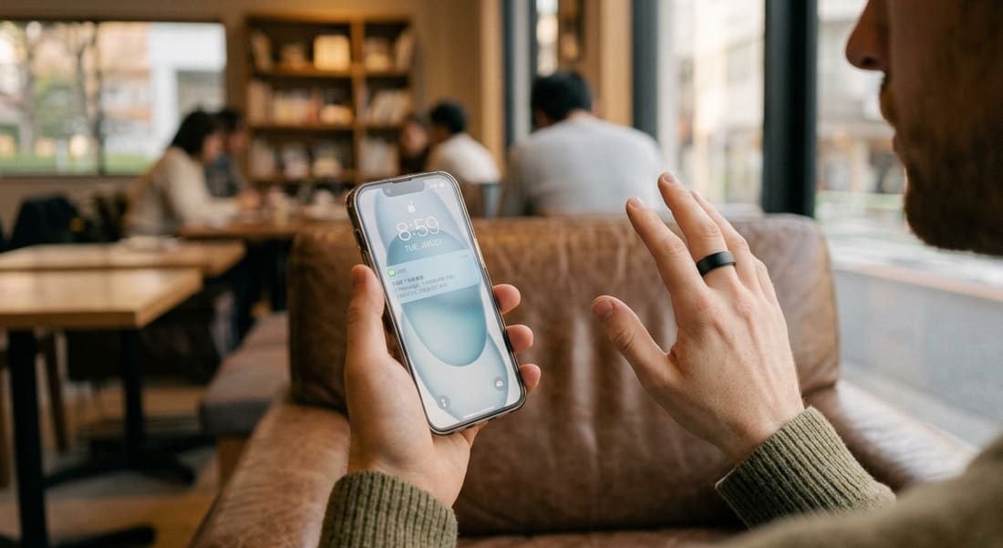 スマホの画面に届いた通知を確認する人。指のスマートリングは何も知らせない