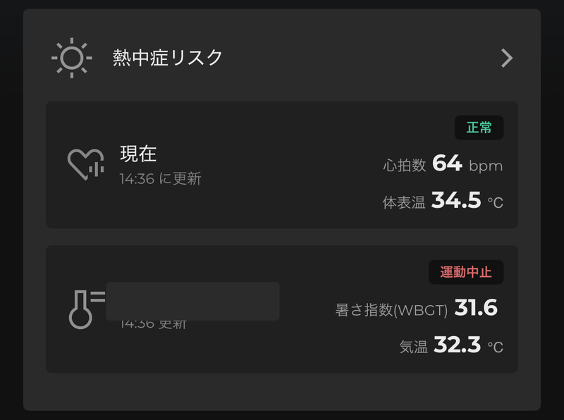 熱中症リスクの画面。暑さ指数(WBGT)が「運動中止」レベルの日。外に出る前にこれを見て予定を決める(地名部分は加工しています)